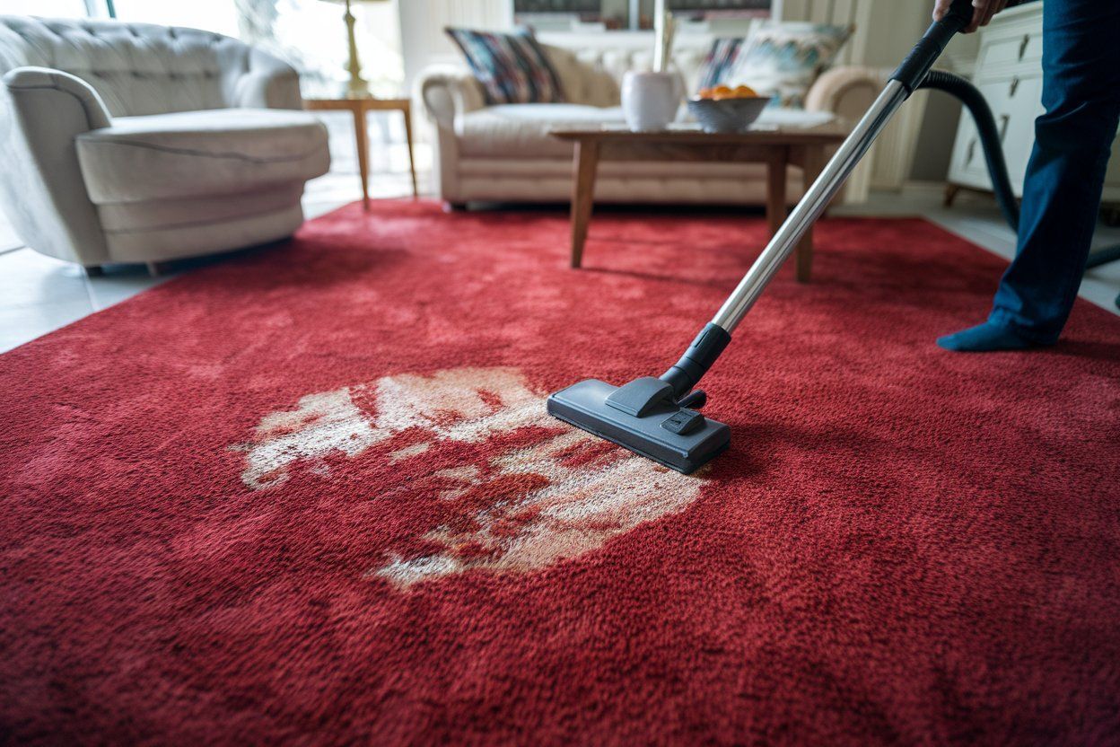 A person is vacuuming a red rug in a living room.