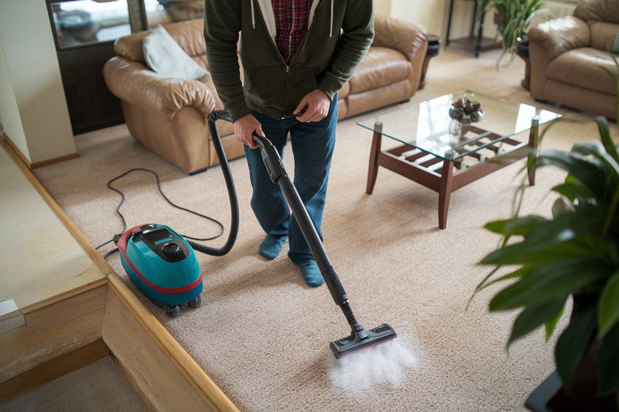 A man is using a steam cleaner to clean a carpet in a living room.