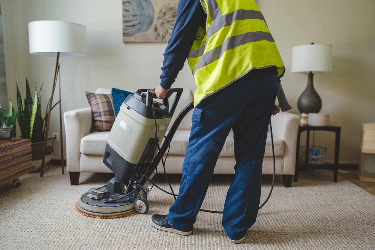 A man is using a vacuum cleaner to clean a carpet in a living room.