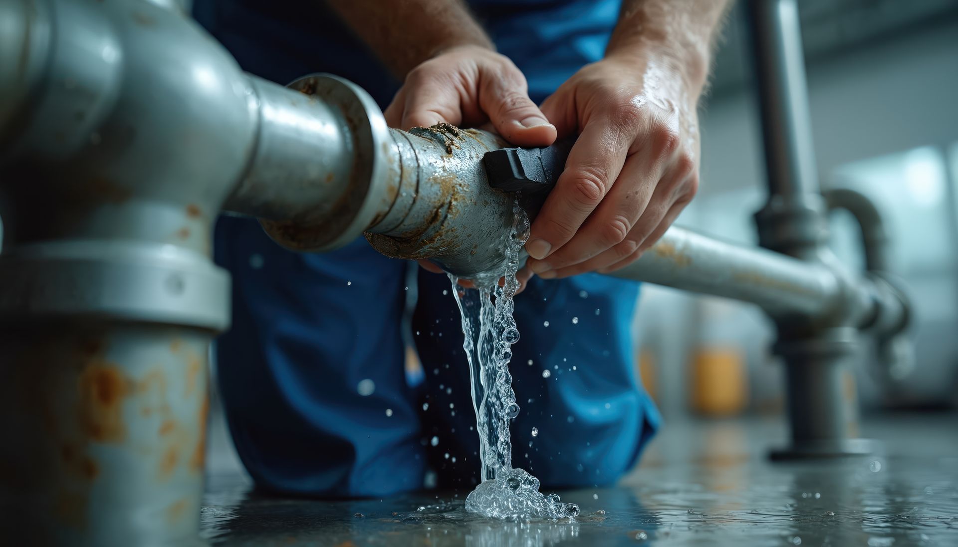 Professional plumber at work. Man fixes damaged pipe with water leak. 