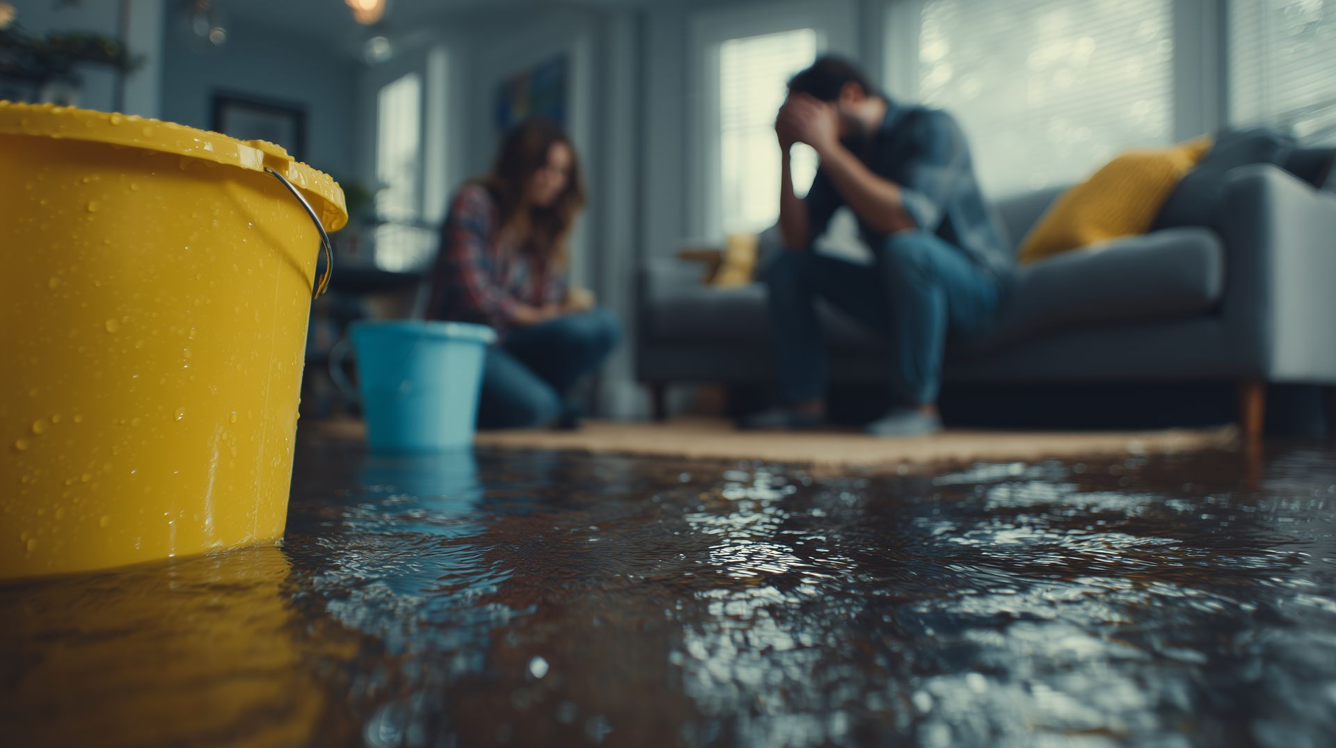 A flooded living room with a couple in the background during a plumbing emergency.