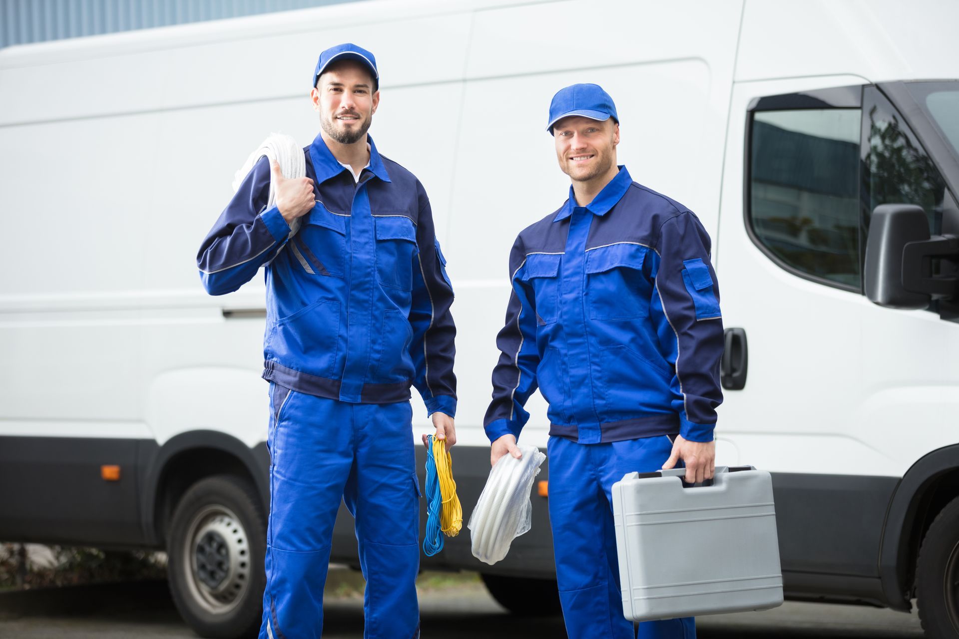 Two service technicians in blue uniforms holding tools in front of a work van.