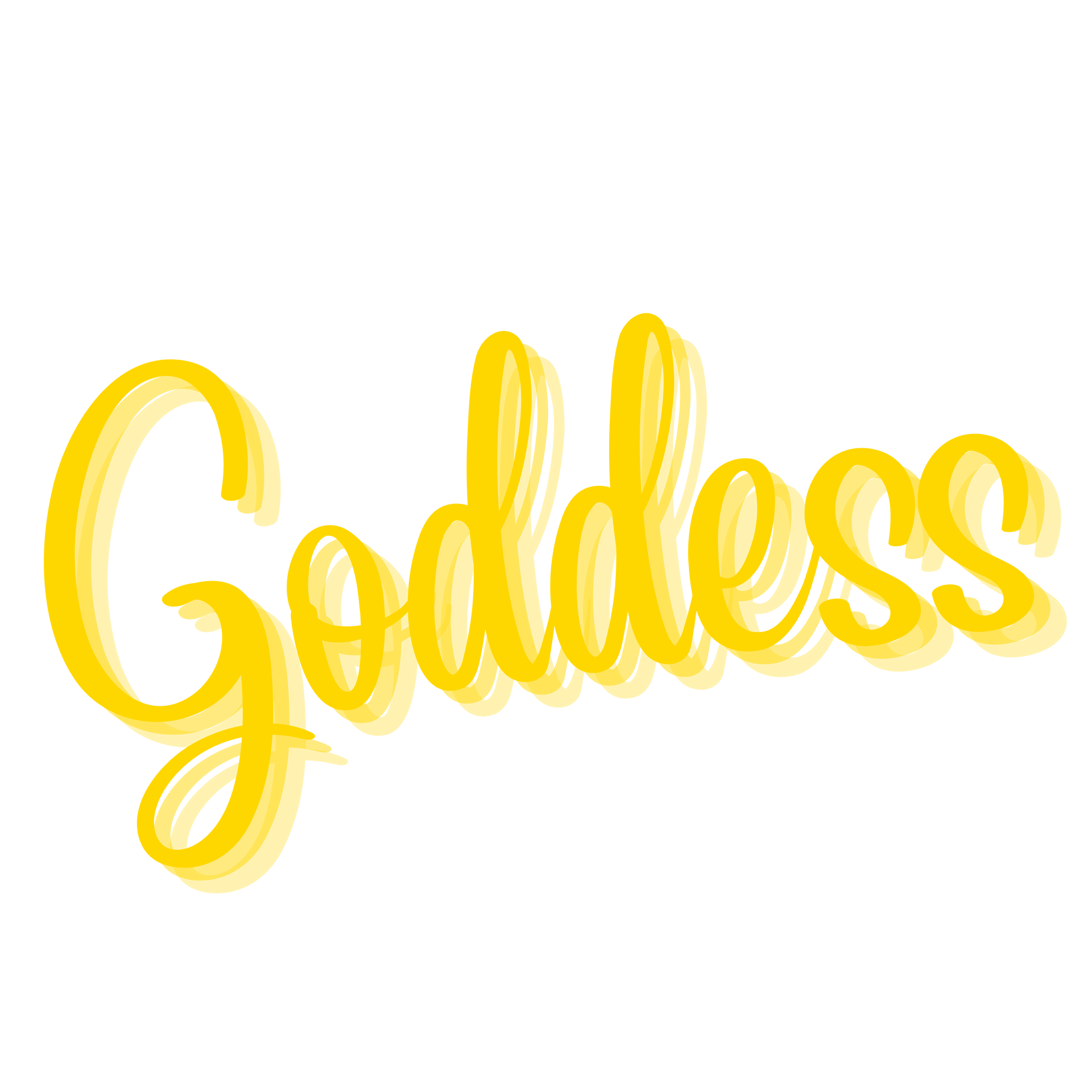 The word goddess is written in yellow on a white background