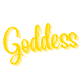The word goddess is written in yellow on a white background