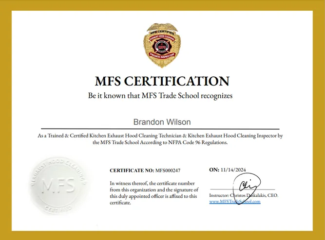 A certificate that says mfs certification be in known that mfs trade school recognizes brandon wilson.