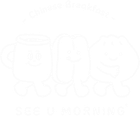 Line drawing of a mug, sandwich, and donut characters with smiling faces, under the text 