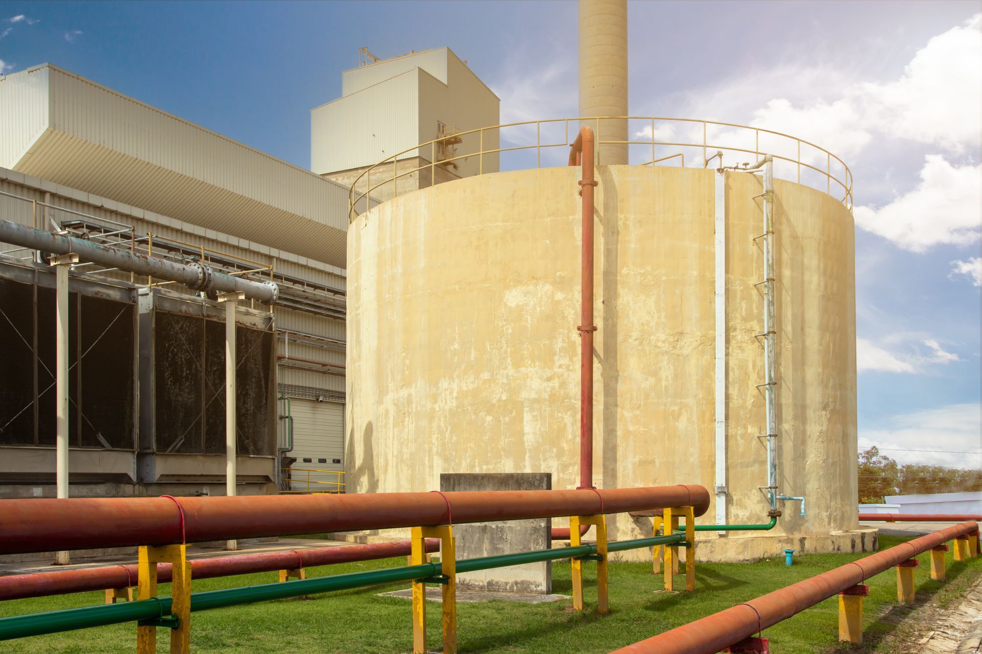 Large concrete water tank next to an industrial process building.
