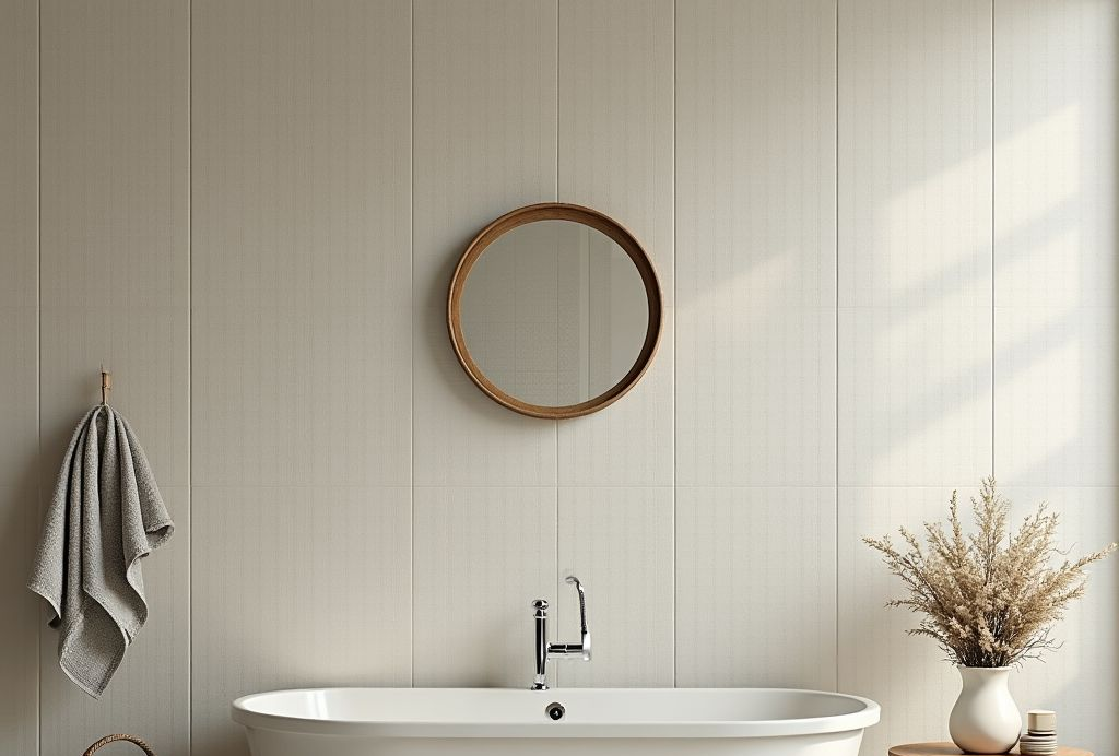 A bathroom backsplash of ceramic tile, there's a bathtub at the bottom of the picture, and a mirror in the center.