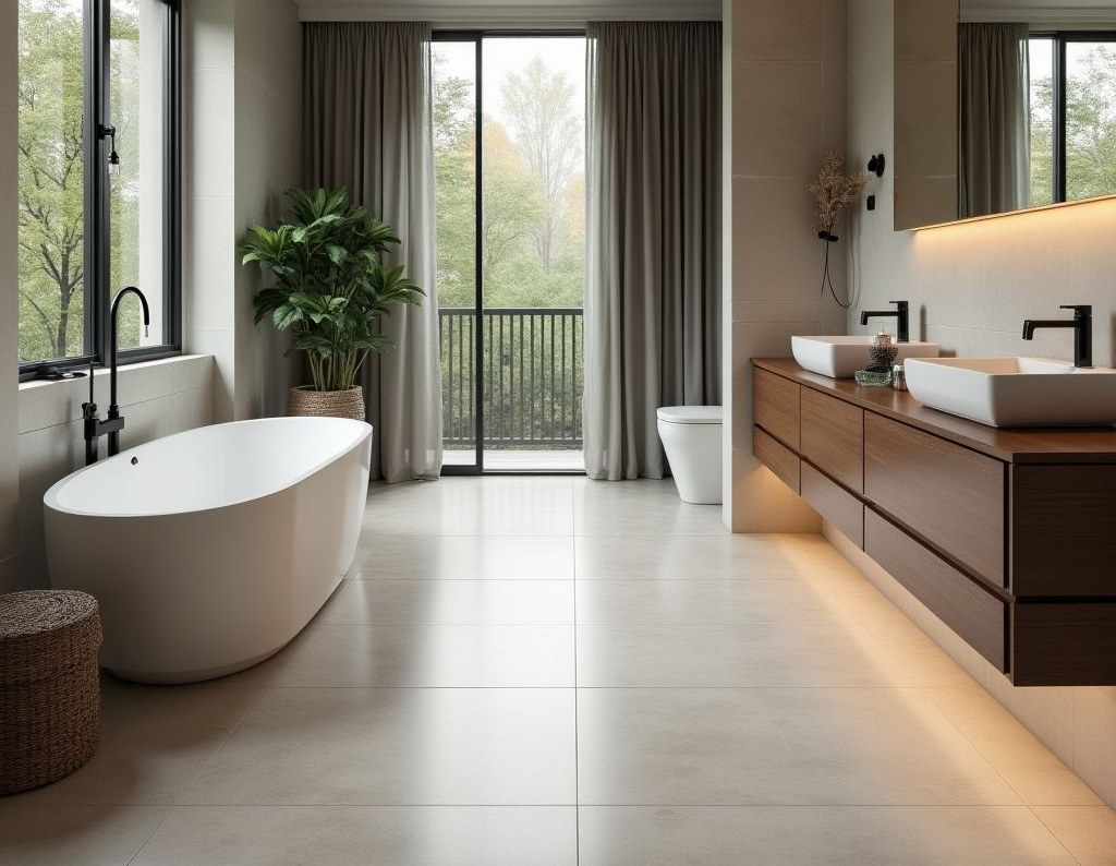A bathroom with a tile floor, a floating double vanity, and a bathtub.