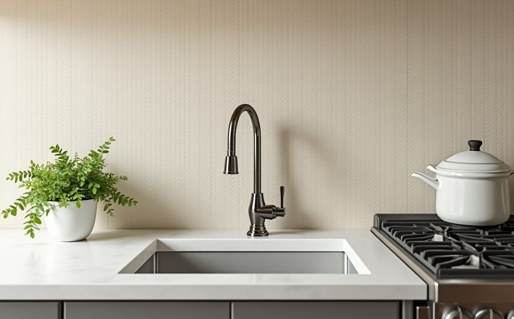 A kitchen sink with a stone backsplash.