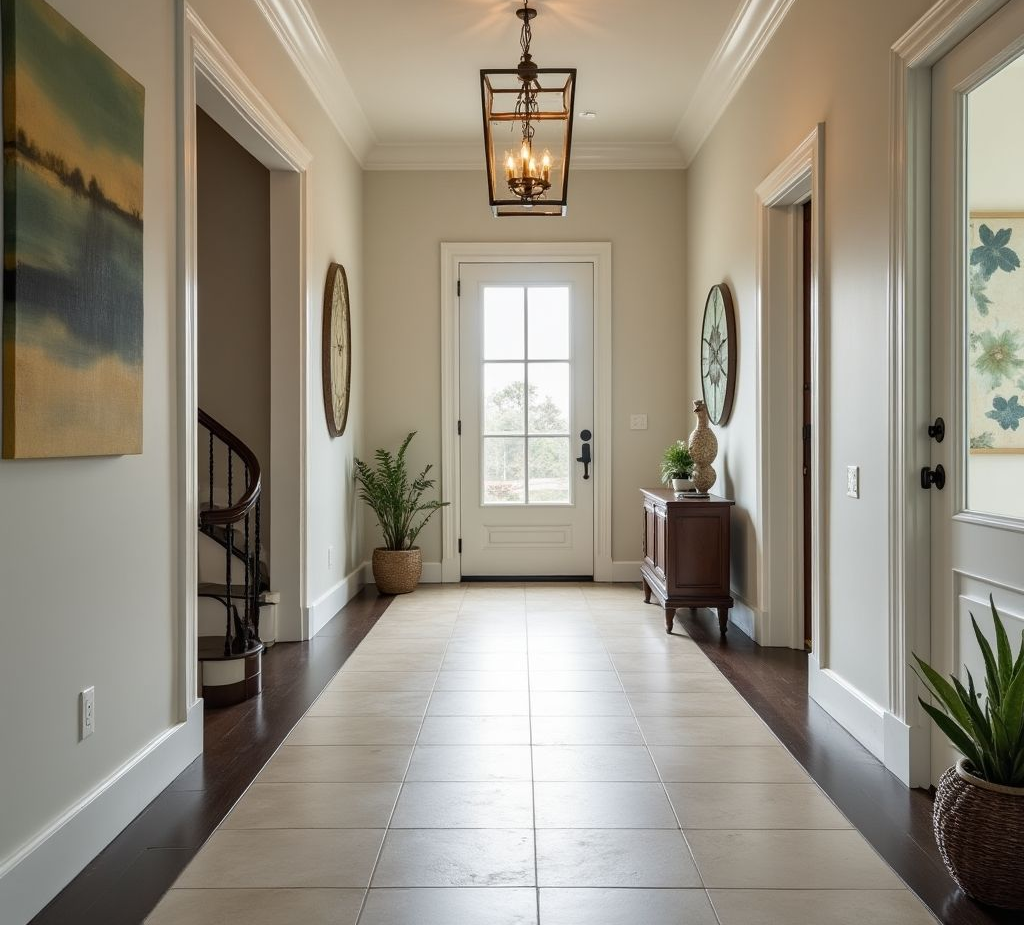 Tile flooring in a residential foyer.
