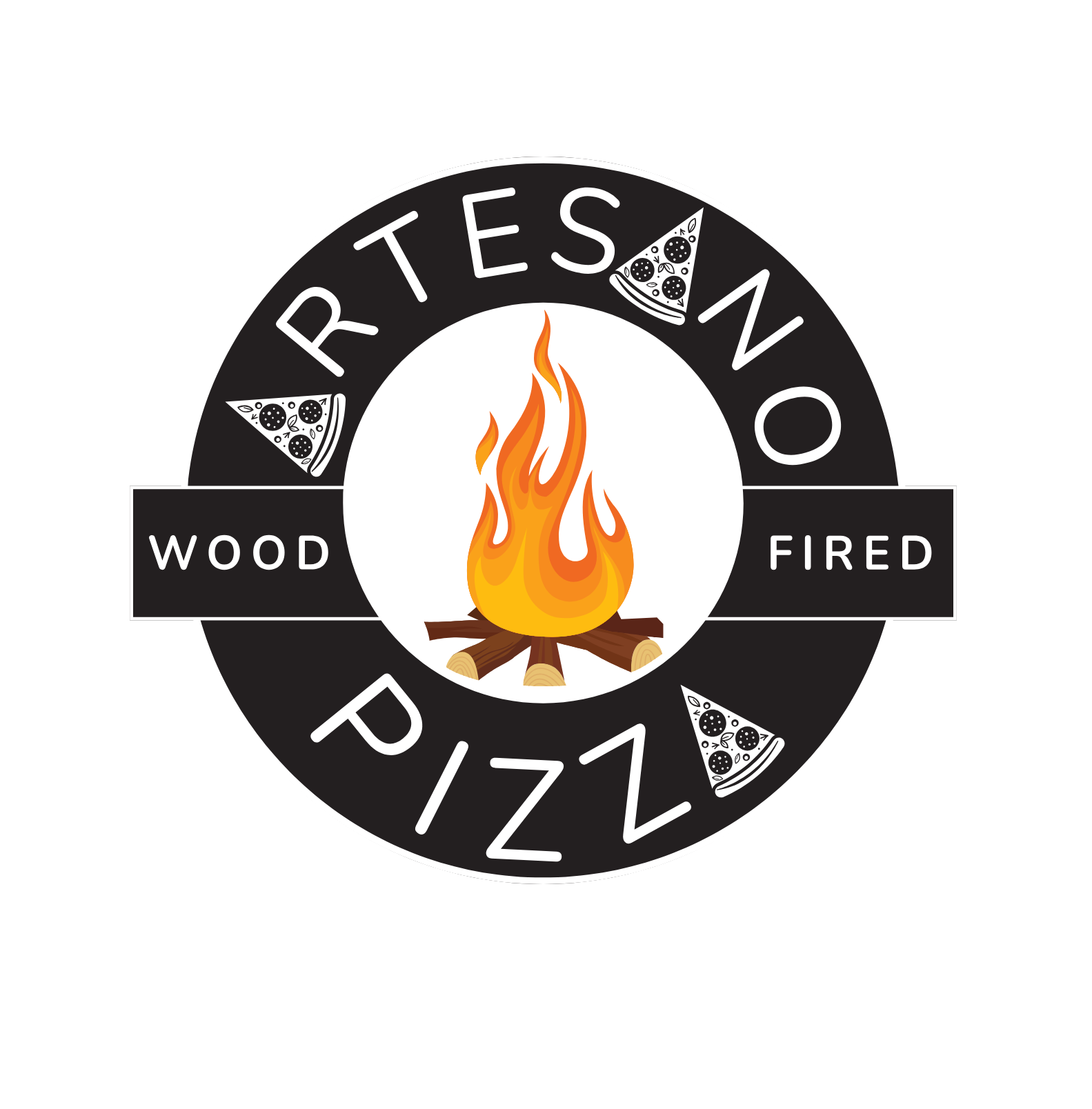 Logo for Artesano Pizza. Black circle with text and pizza slice icons; central fire graphic.