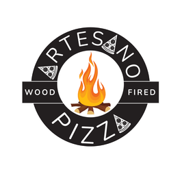 Logo for Artesano Pizza. Black circle with text and pizza slice icons; central fire graphic.