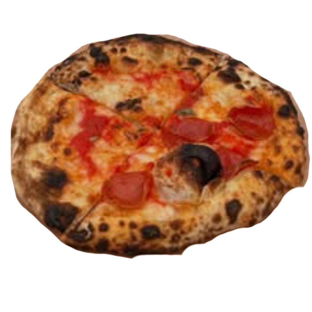 Neapolitan pizza with charred crust and tomato sauce, sliced into portions.