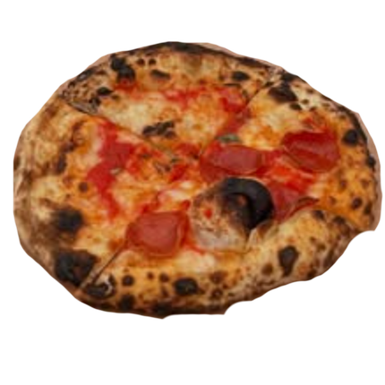 Neapolitan pizza with charred crust and tomato sauce, sliced into portions.