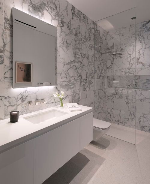 A bathroom with marble walls and a sink and toilet