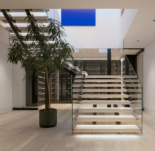 A staircase with a plant in the middle of it