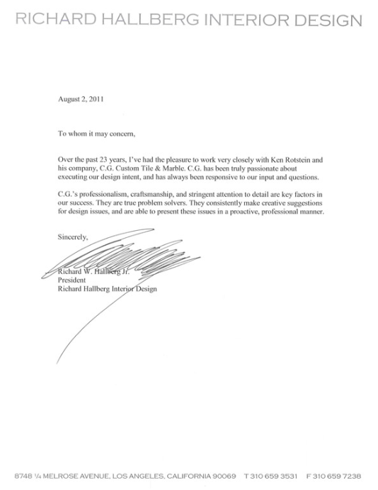 It is a letter from richard halliberg interior design.