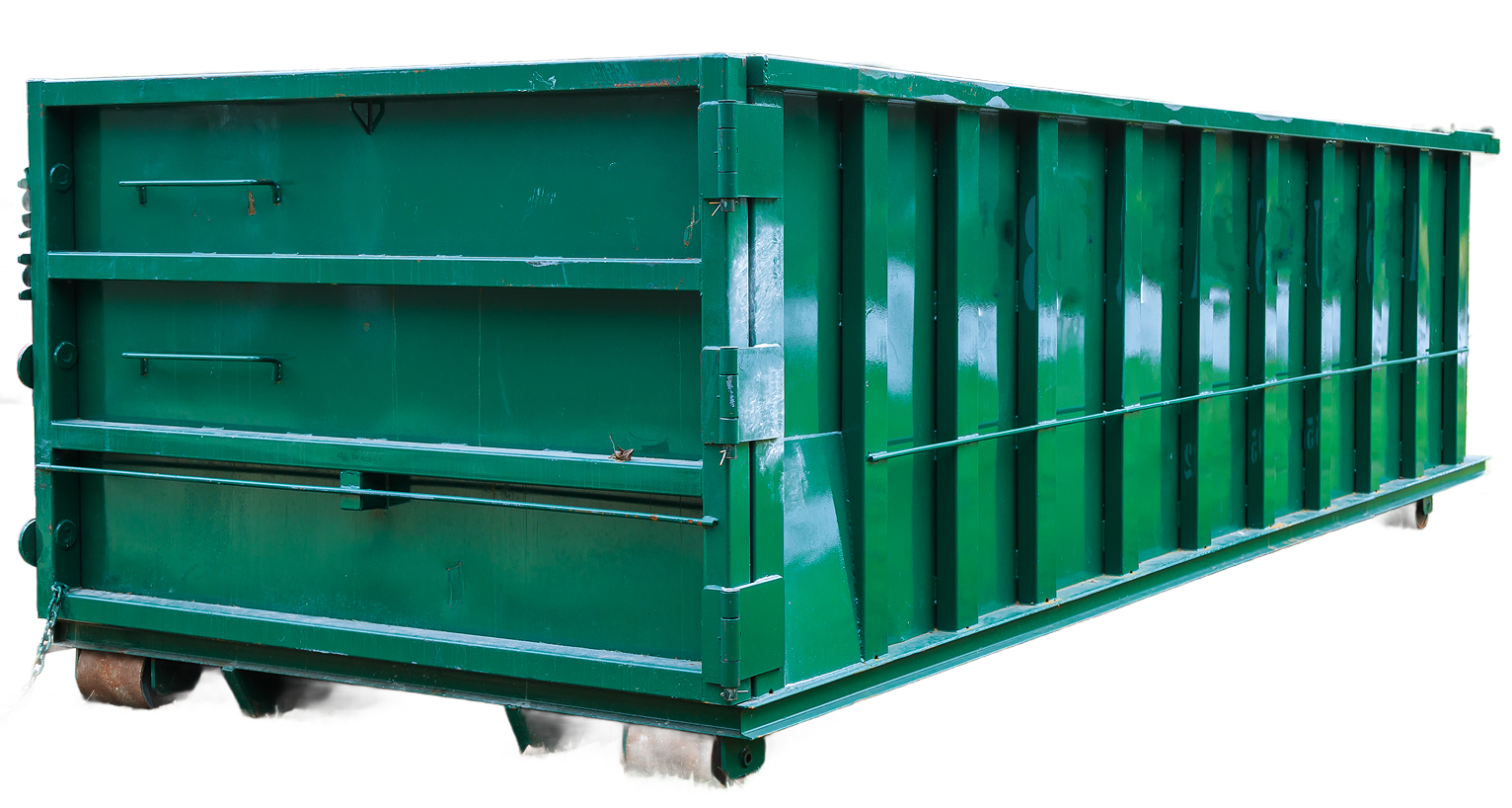 Green industrial dumpster container on a white background