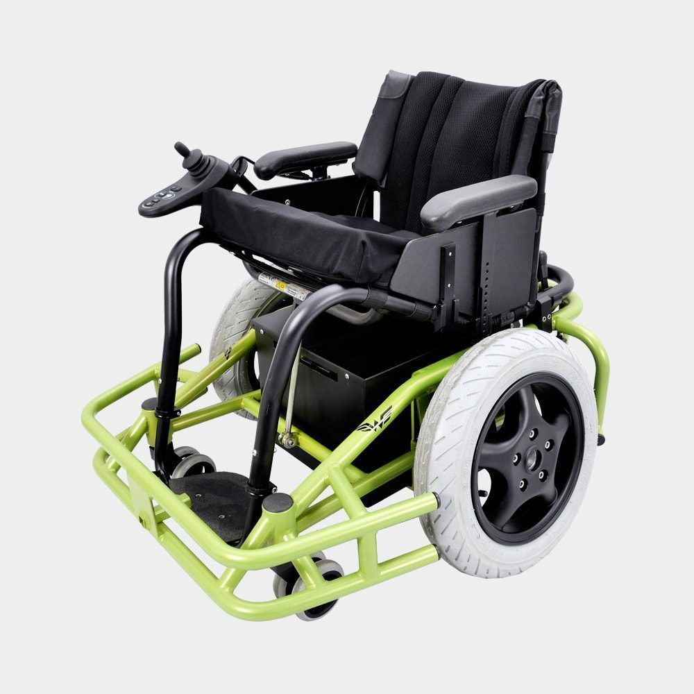 Green electric wheelchair with black seat, joystick, and white tires.