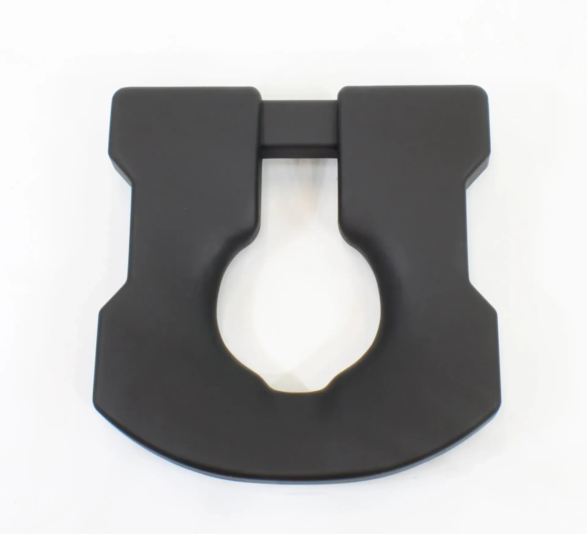 Black horseshoe-shaped toilet seat cushion, designed for comfort, on white background.