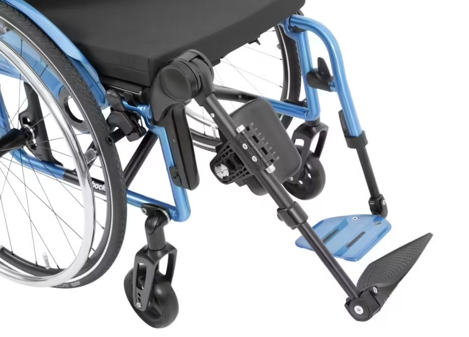 Blue wheelchair with black footrests and wheels.