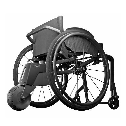 Black motorized wheelchair, angled view. Features large rear wheels, small front caster, and backrest.