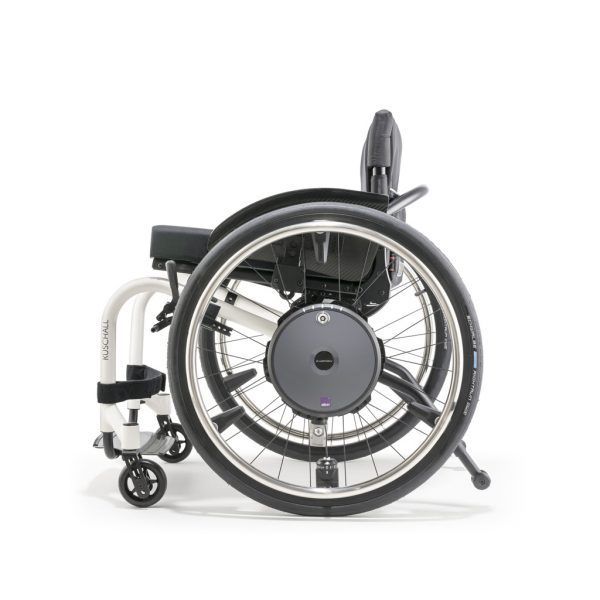Folded silver and black electric wheelchair against a white background.