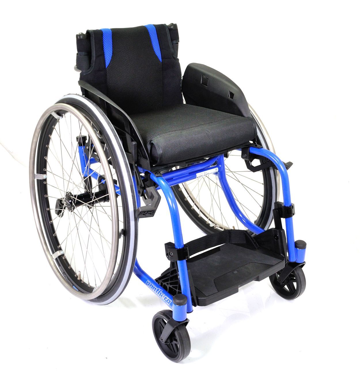Blue and black manual wheelchair on a white background.