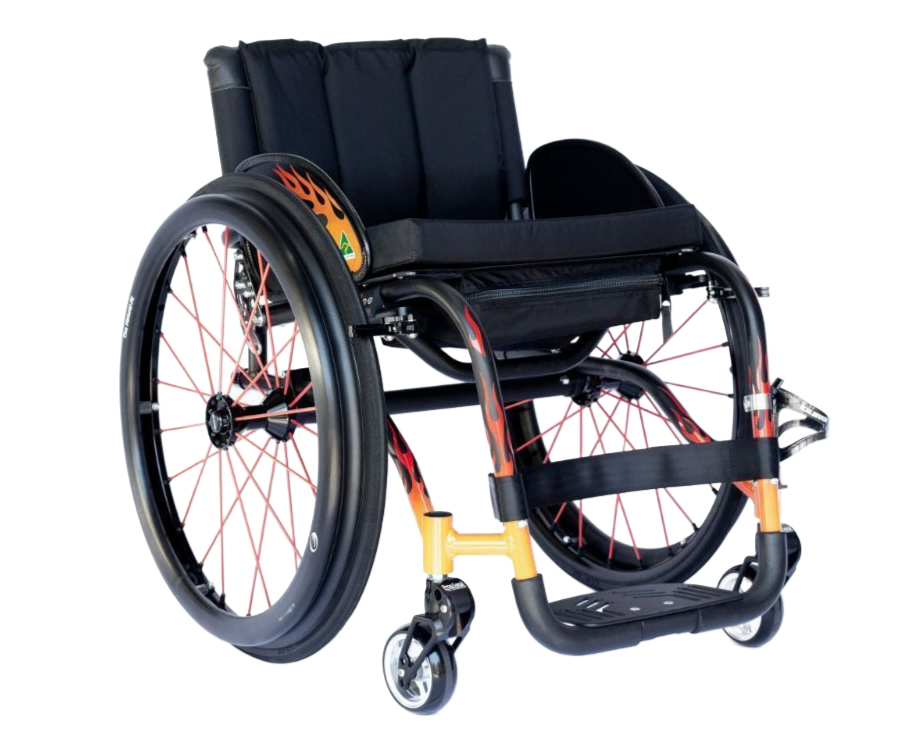 Black and orange wheelchair with large rear wheels and a black seat; isolated.