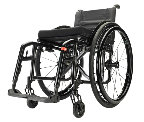 Black wheelchair, side view, folded.