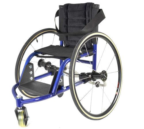 Blue racing wheelchair with black seat and back, white tires, and small front wheels.