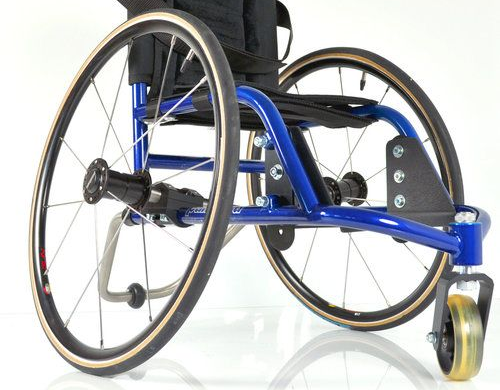 Blue wheelchair frame with black seat and large rear wheels. Small front caster wheel.