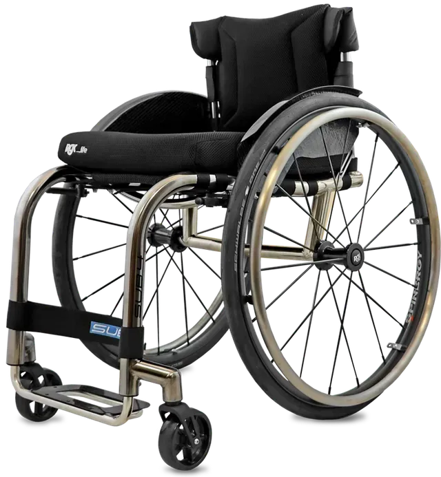 Sport wheelchair with black seat and backrest, silver frame and wheels, on a white background.