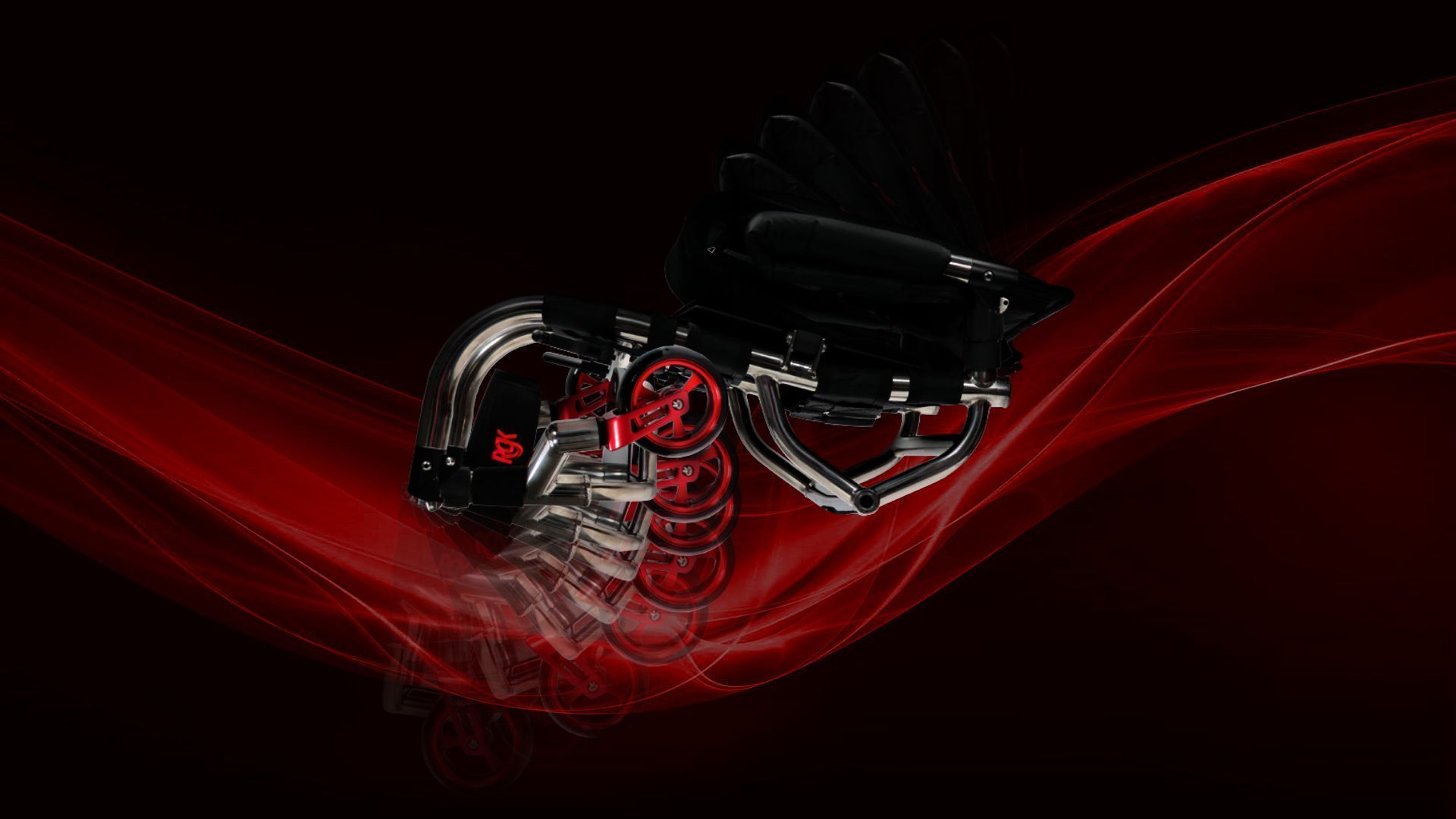 Silver and black device with red accents on a dark red background with flowing red lines.