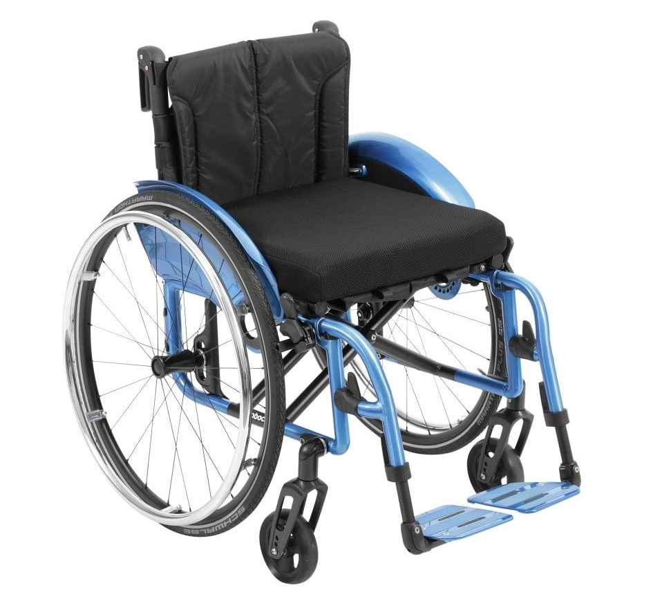 Blue wheelchair with black seat and back.