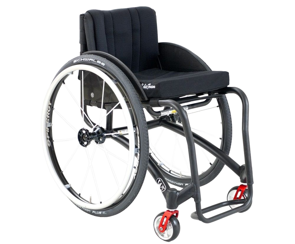 Black wheelchair with large white wheels and red casters, on a neutral background.