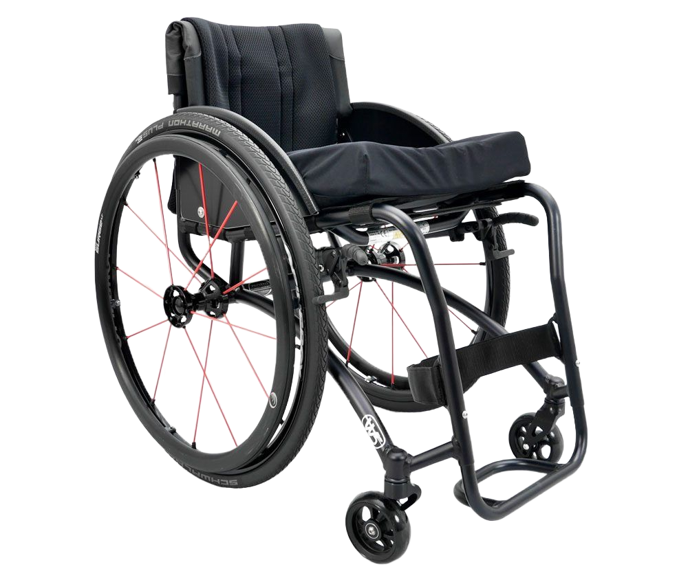 Black wheelchair with red spokes on white background.