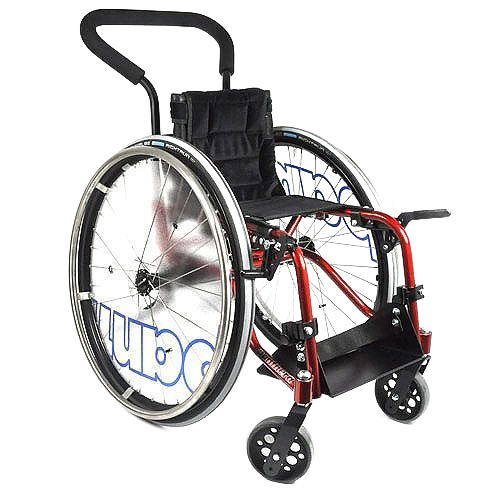 Red and black manual wheelchair with large rear wheels, front casters, and push handles.