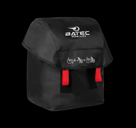 Black Batec Mobility bag with logo, red straps, and illustration showing bike + wheelchair = mobility.