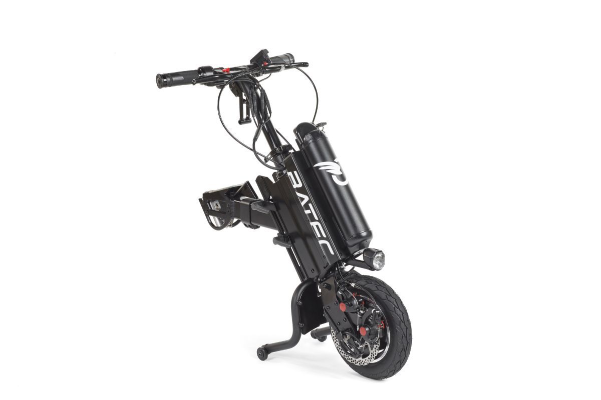 Black electric scooter, partially folded, with a single front wheel.