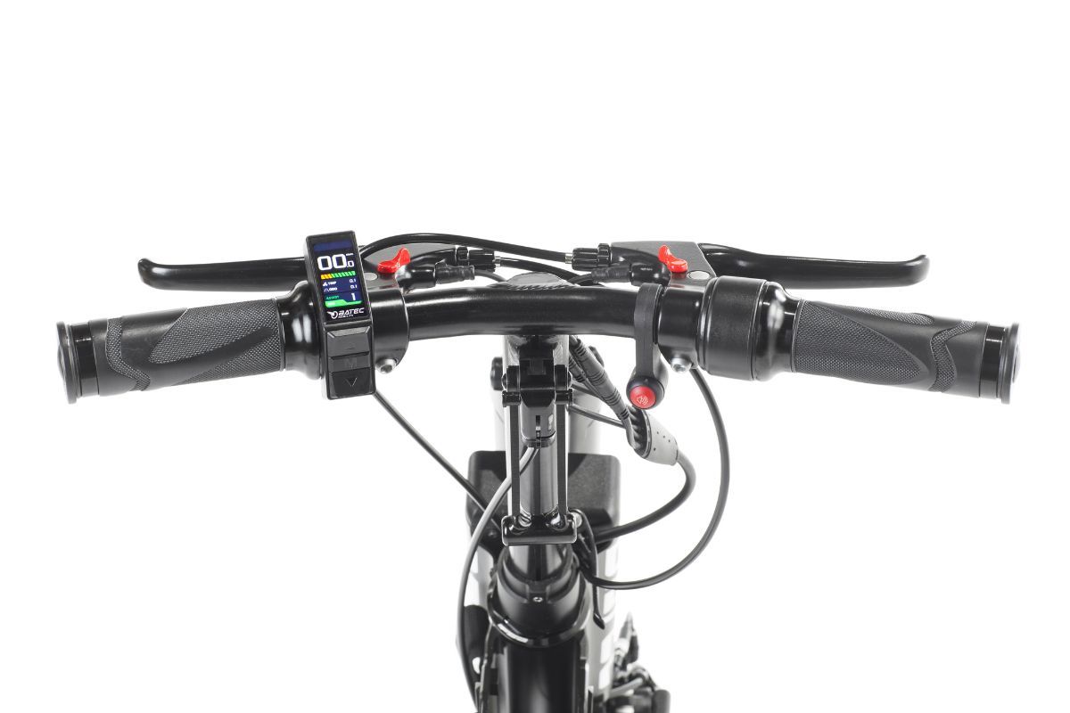 Black e-bike handlebars with a small display screen, brake levers, and grips against a white background.