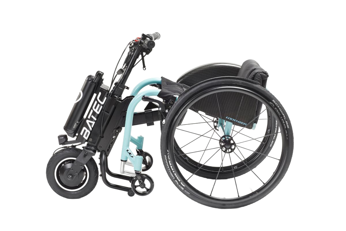 Side view of a folded black and light blue Batec electric wheelchair with a motor and battery.