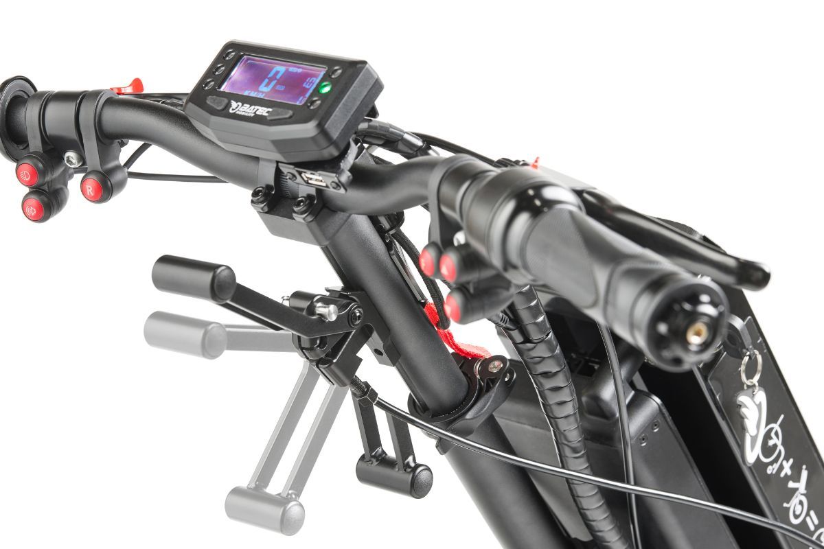 Black handlebars of an electric scooter with a display screen, brake levers, and red buttons.