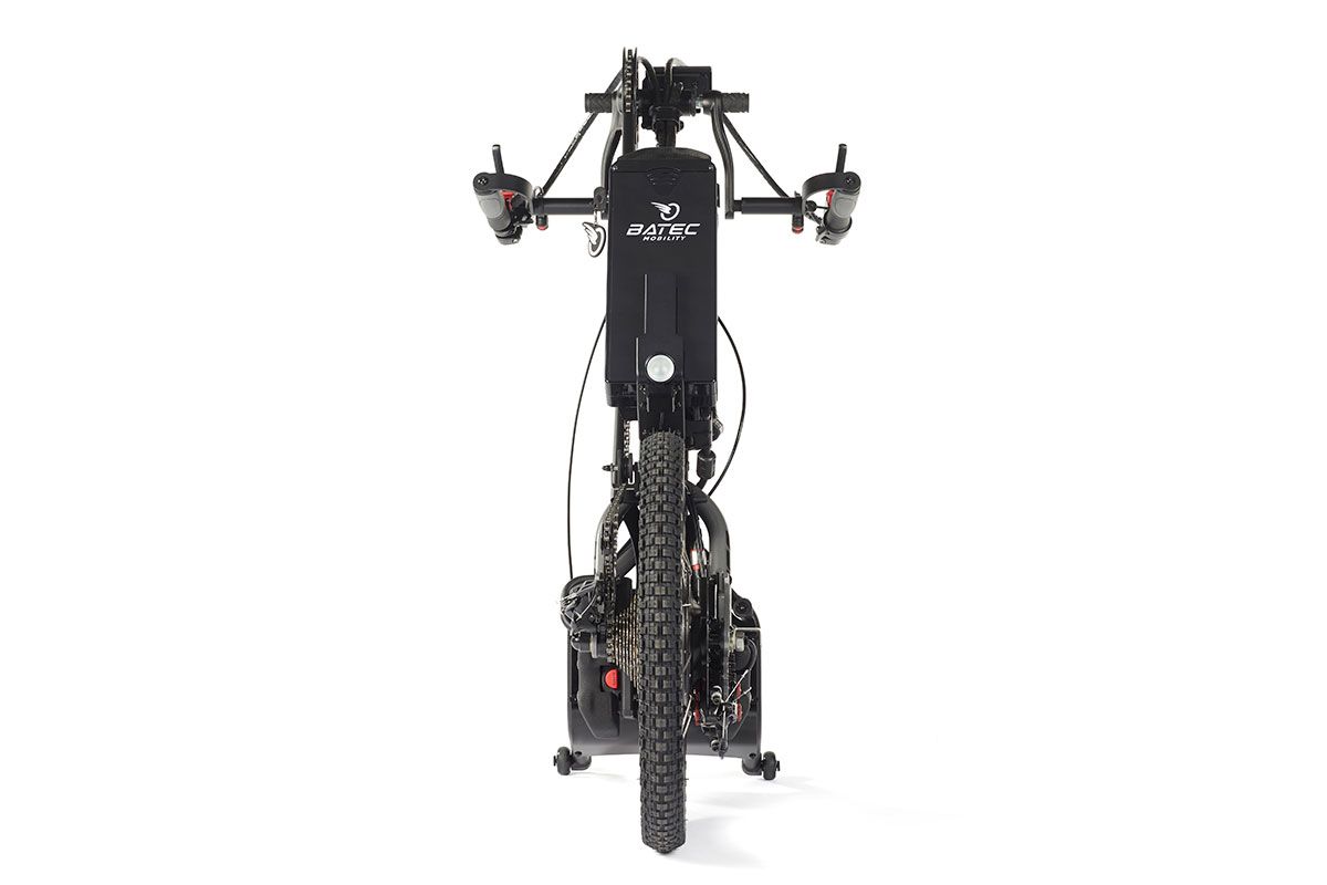 Black recumbent electric bike from a front-facing perspective.