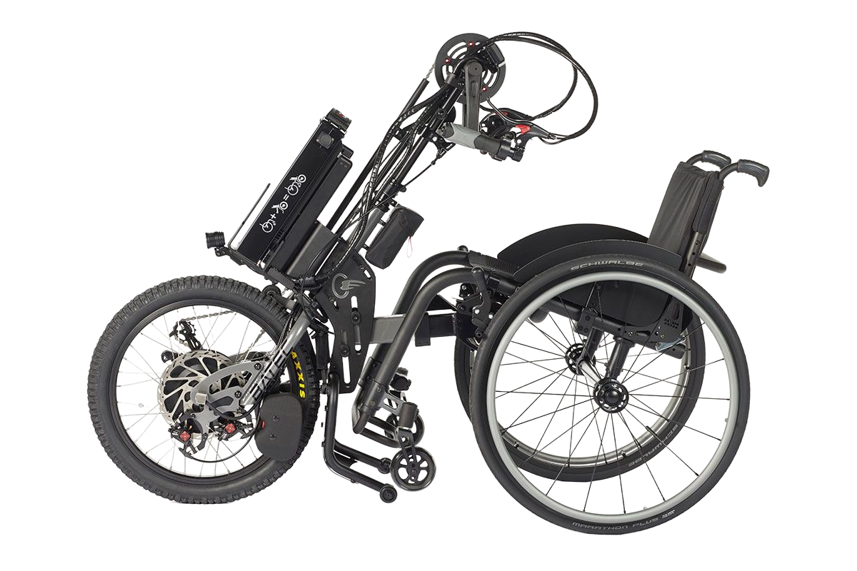 Electric wheelchair with large front wheel and control arm. Black frame, folded.
