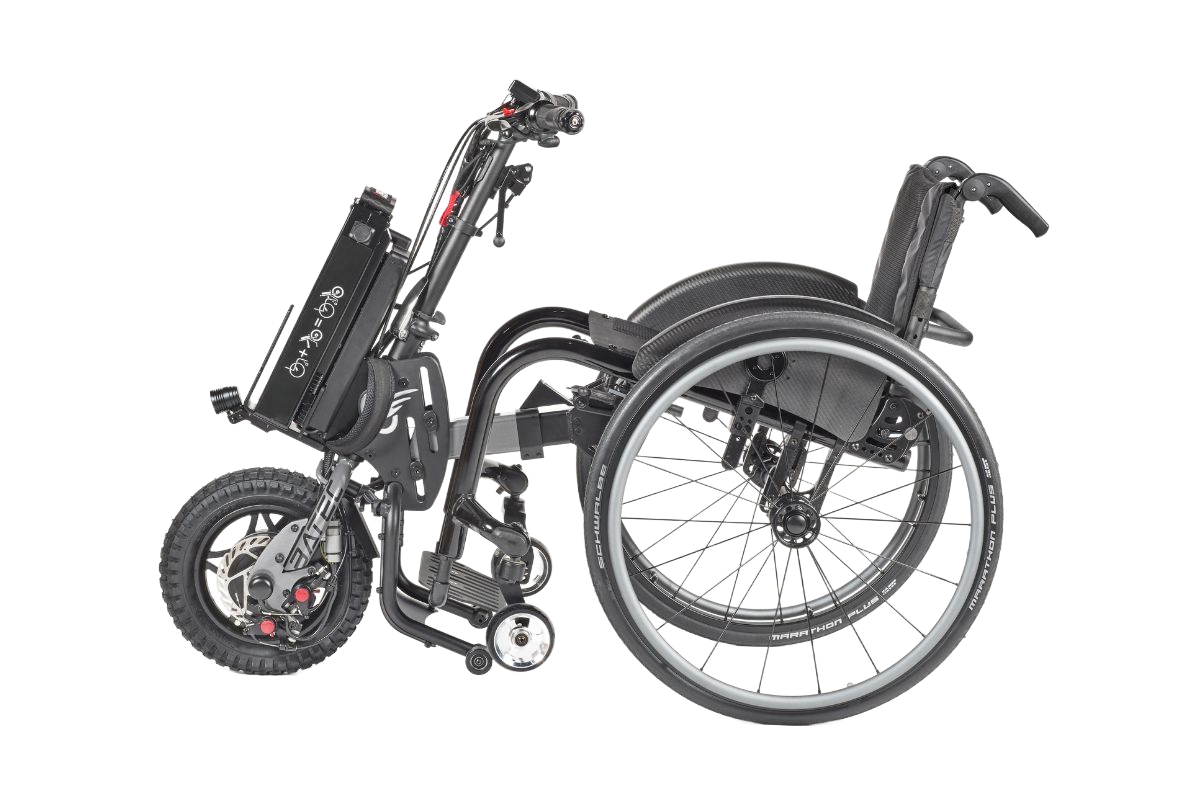 Black, folded power wheelchair; side view. Battery pack and control console mounted.