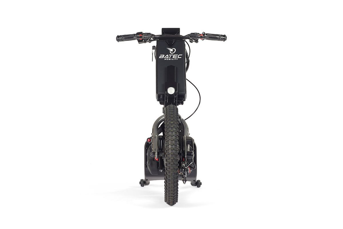Black electric scooter, front view, with handlebars and single front wheel.