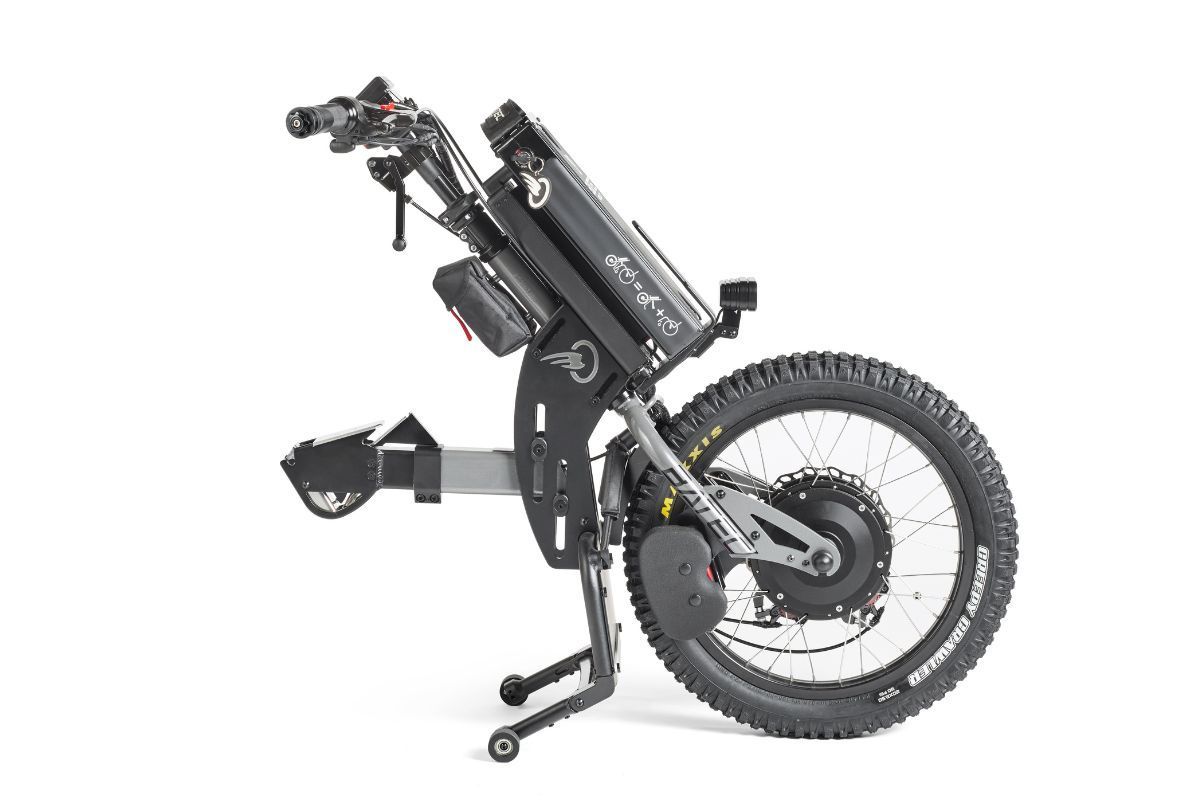 Black electric wheelchair with large rear wheel on a white background.