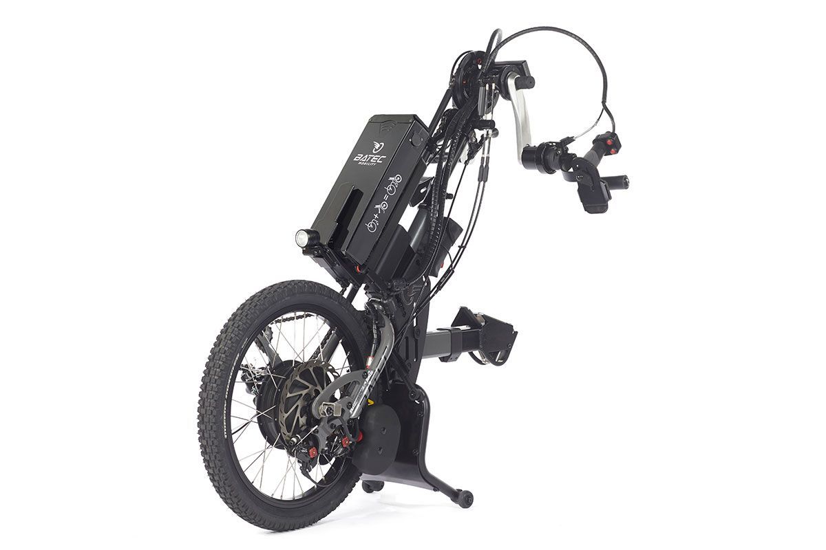 Black motorized adaptive bike with large rear tire, battery, and hand controls.